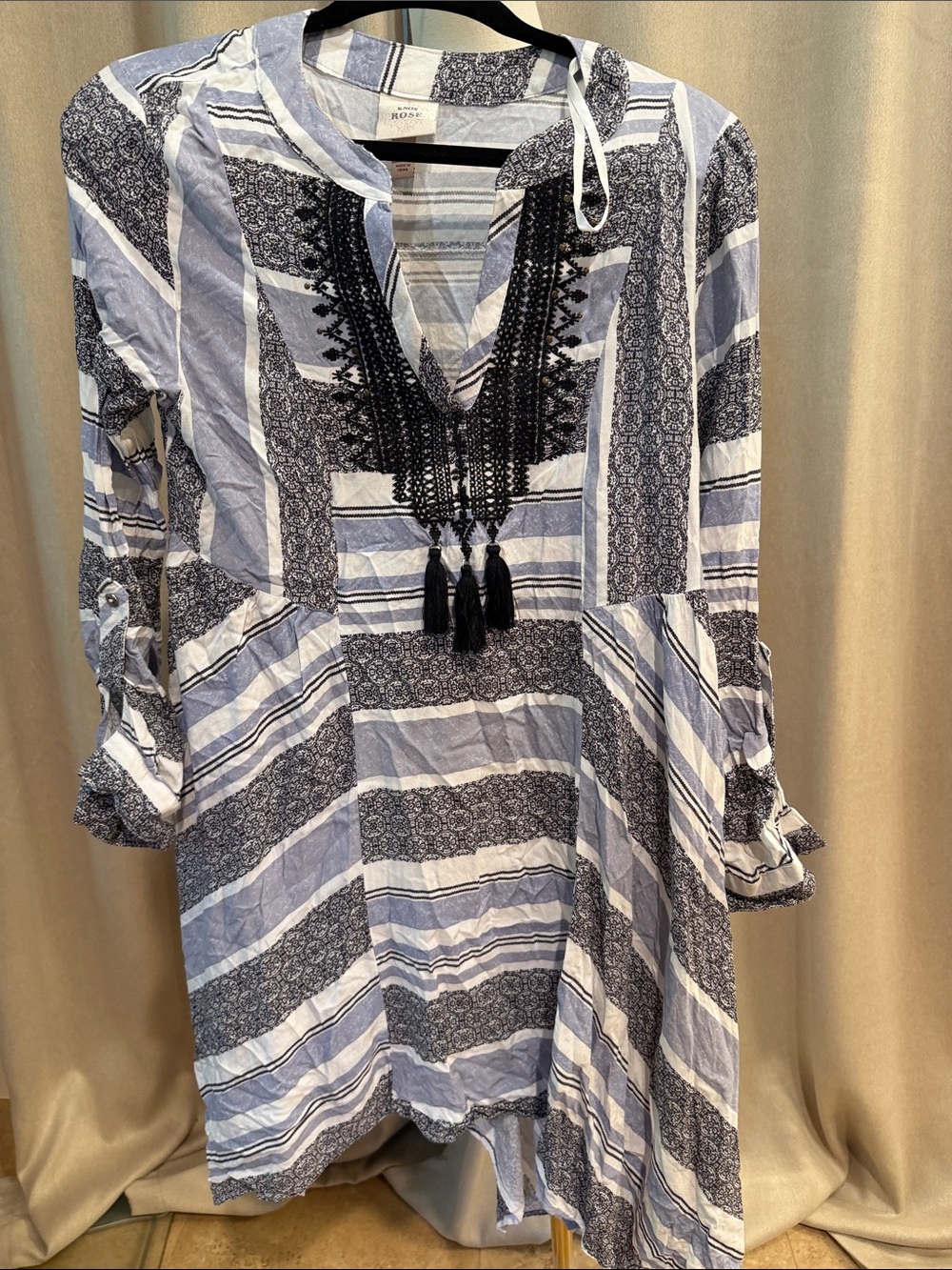 Knox Rose Blue, white and black Striped Boho Midi Dress with Black Embroidery